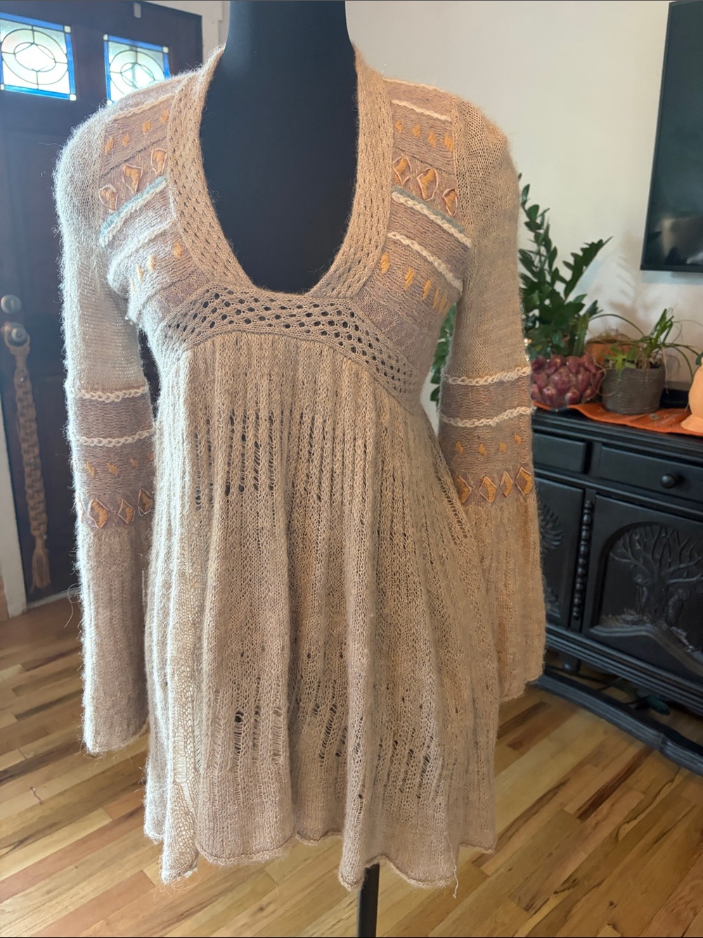 Free People Lightweight Fringe V-Neck Sweater in Taupe